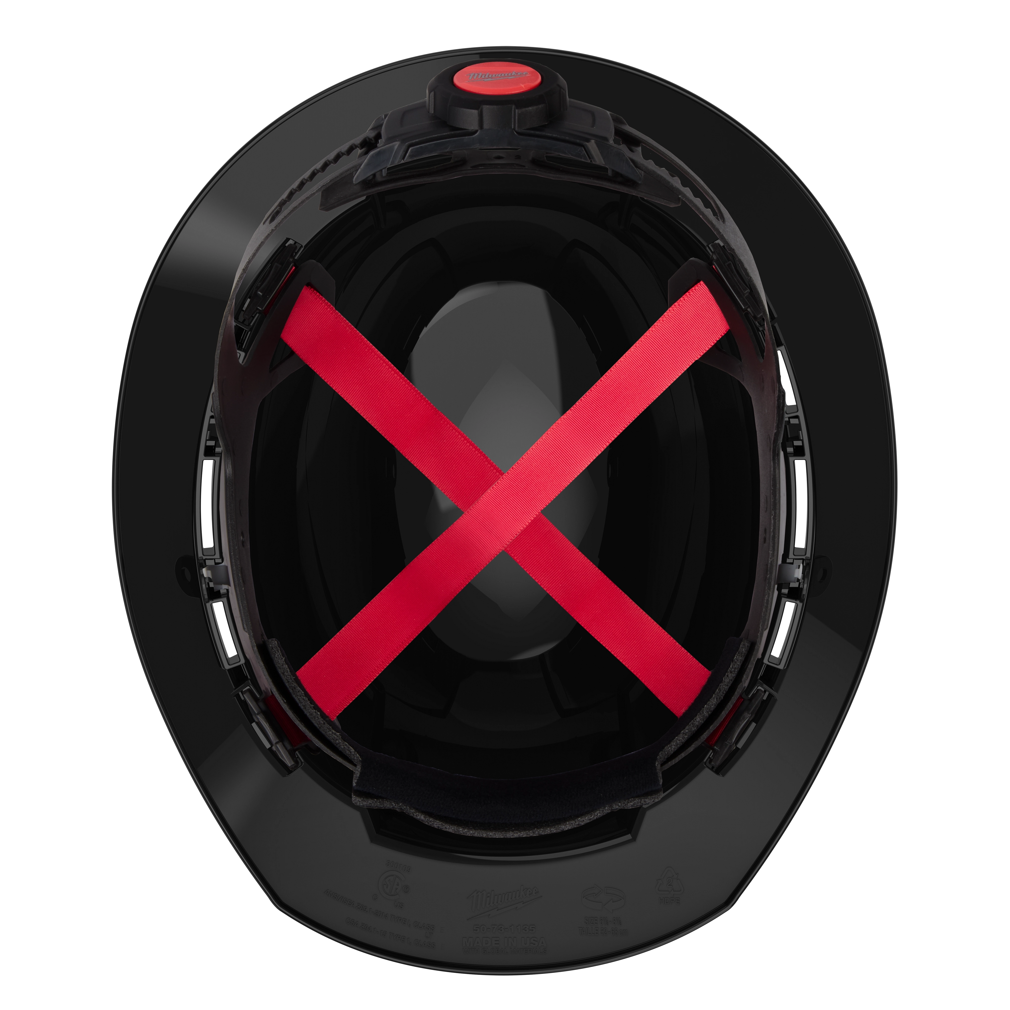Top view of the BOLT Black Full Brim Hard Hat with 4-point Ratcheting Suspension (USA) - Type 1, Class E, showing internal red suspension straps.