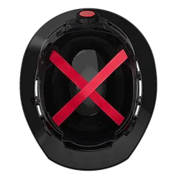 Top view of the BOLT Black Full Brim Hard Hat with 4-point Ratcheting Suspension (USA) - Type 1, Class E, showing internal red suspension straps.