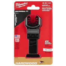 MILWAUKEE OPEN-LOK 1-3/8" HCS Japanese Tooth PRO-CURVE Hardwood Multi-Tool Blade, displayed in original red and black packaging.