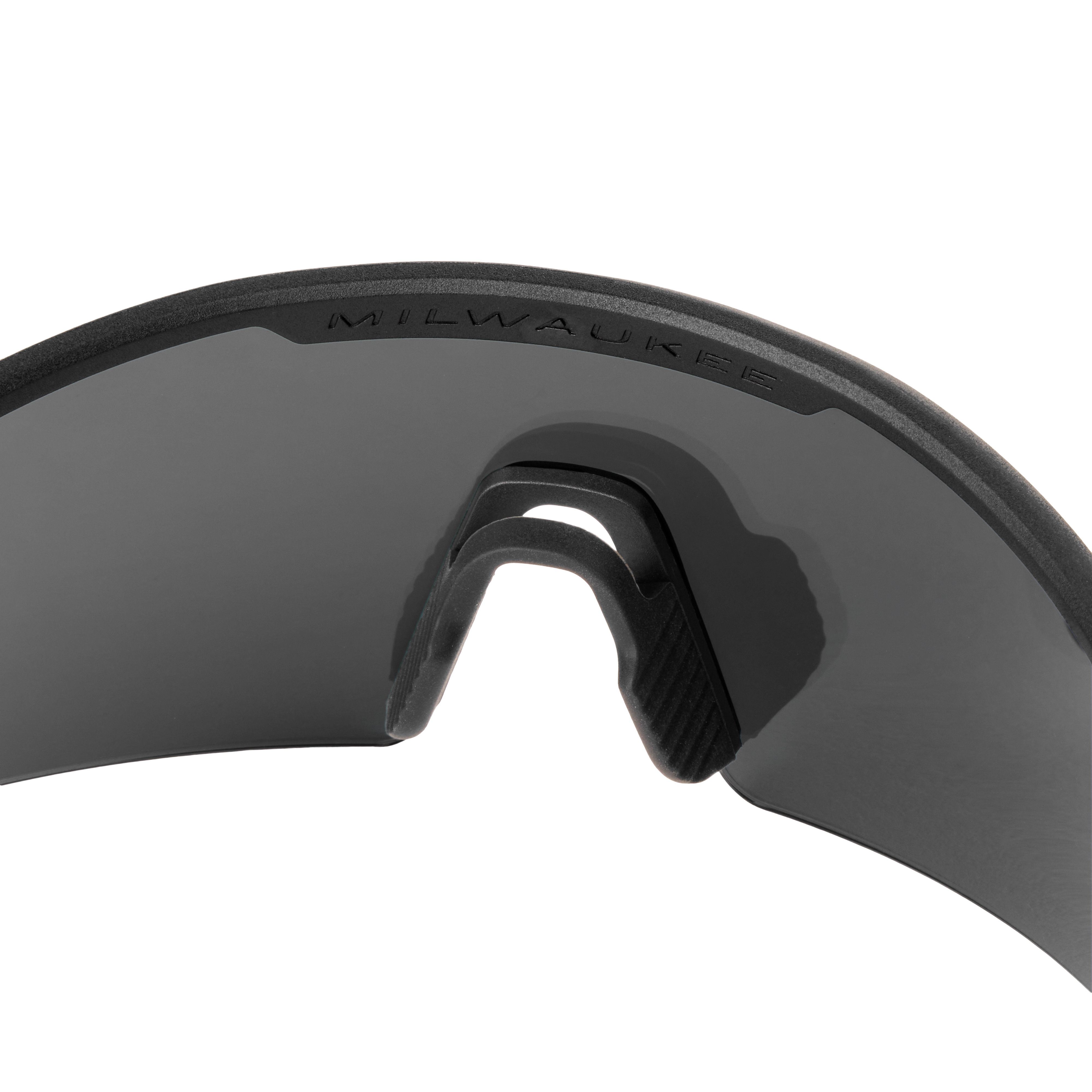 Wrap Around Safety Glasses with Red Mirrored Anti-Scratch Lenses. The image shows the top view of the glasses with a curved shape, grey nose pad, and Milwaukee logo on the upper front frame.