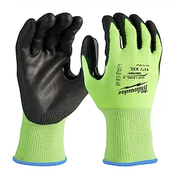 Hi Vis Cut Gloves are lime green with black, reinforced palms and fingertips. The gloves offer cut level 2 protection and are size XXL. The Milwaukee logo is printed on the back of the gloves.