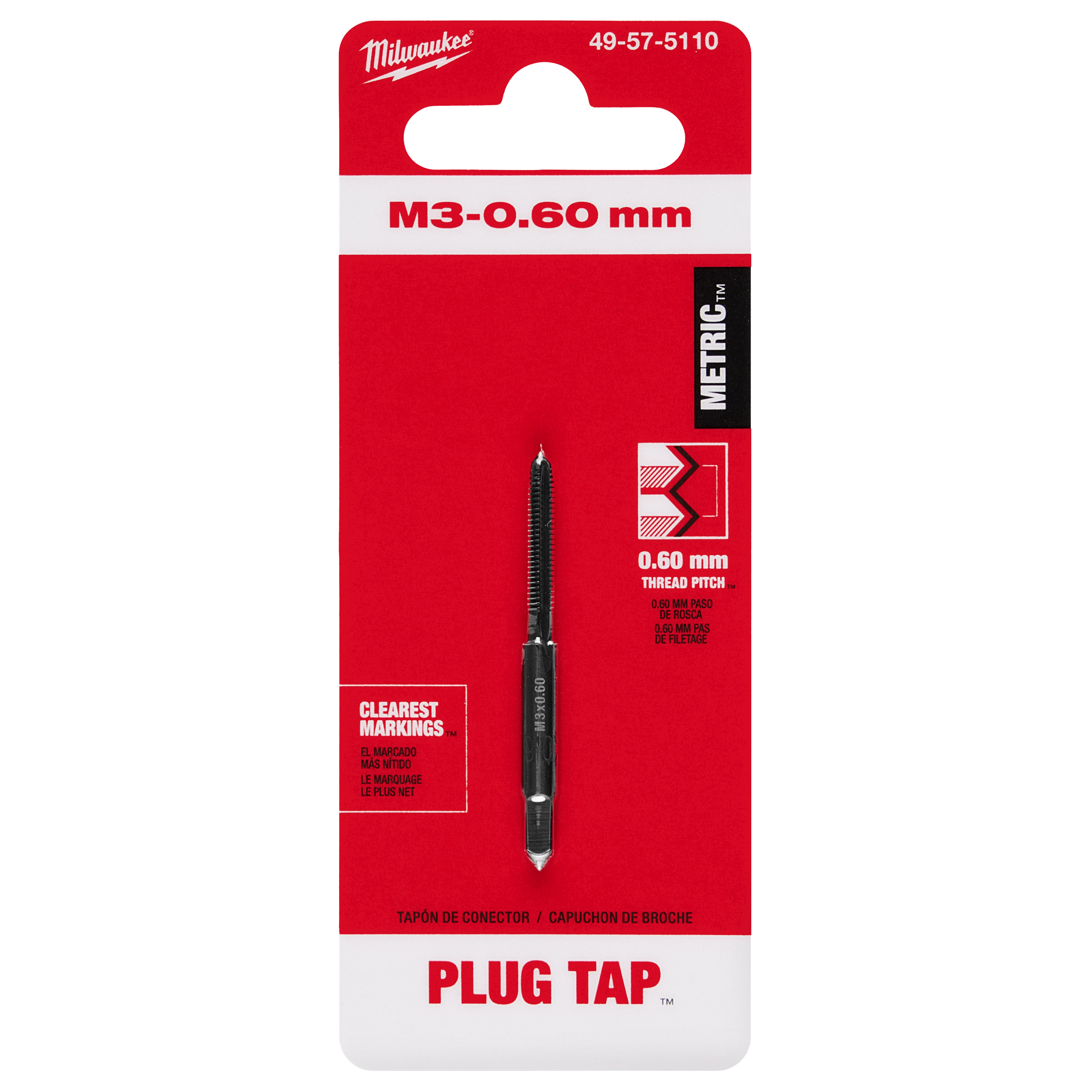 M3-0.60 mm Straight Flute Plug Tap in its packaging, featuring clear metric markings and 0.60 mm thread pitch information.