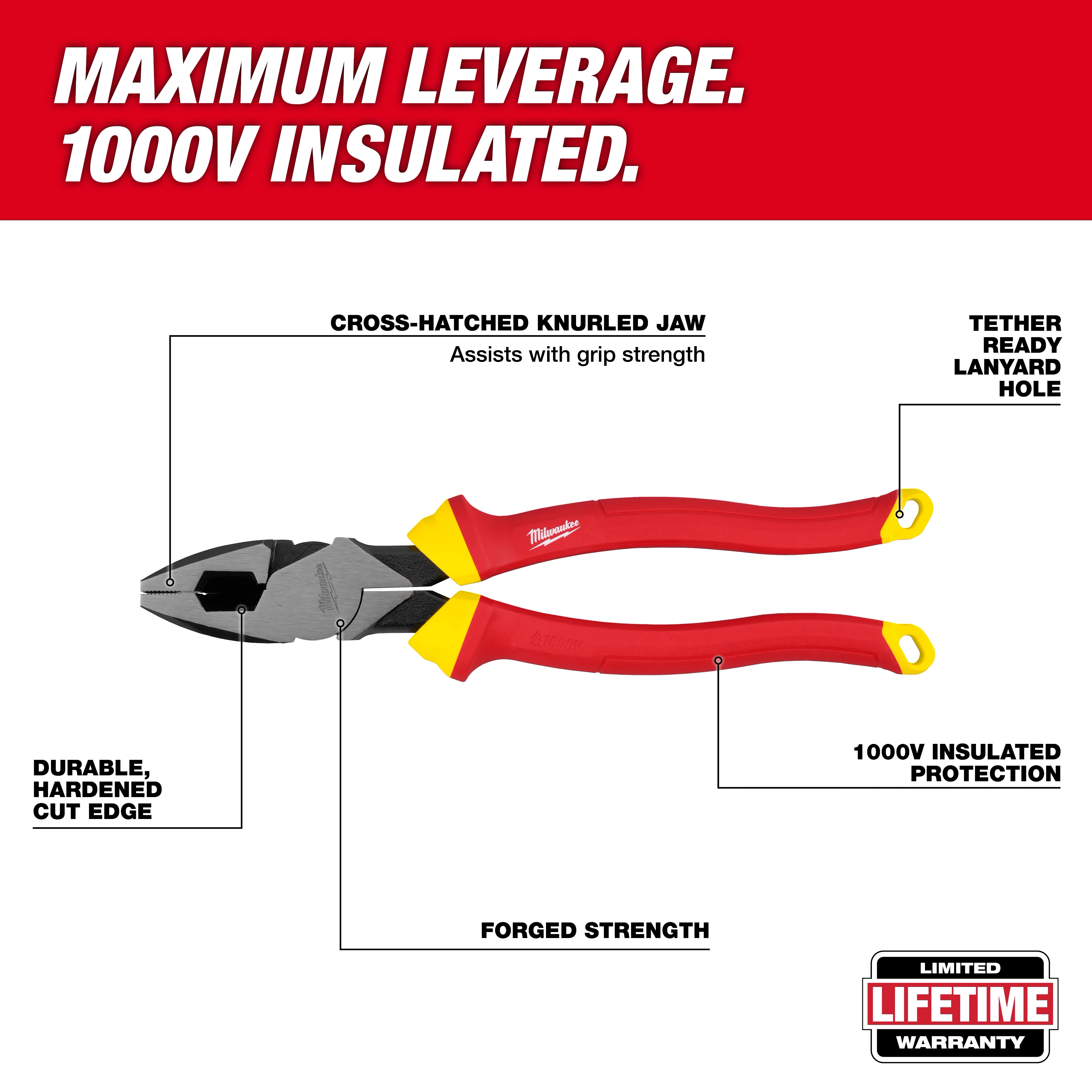 1000V Insulated 9” Lineman's Pliers with cross-hatched knurled jaw, durable cut edge, insulated protection, and tether-ready lanyard hole.
