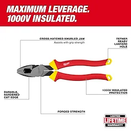 1000V Insulated 9” Lineman's Pliers with cross-hatched knurled jaw, durable cut edge, insulated protection, and tether-ready lanyard hole.