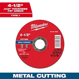 4-1/2" x .045" x 7/8" Metal Cut Off Wheel - Type 1, red with white text, for cutting metal and stainless steel, max RPM 13,300.