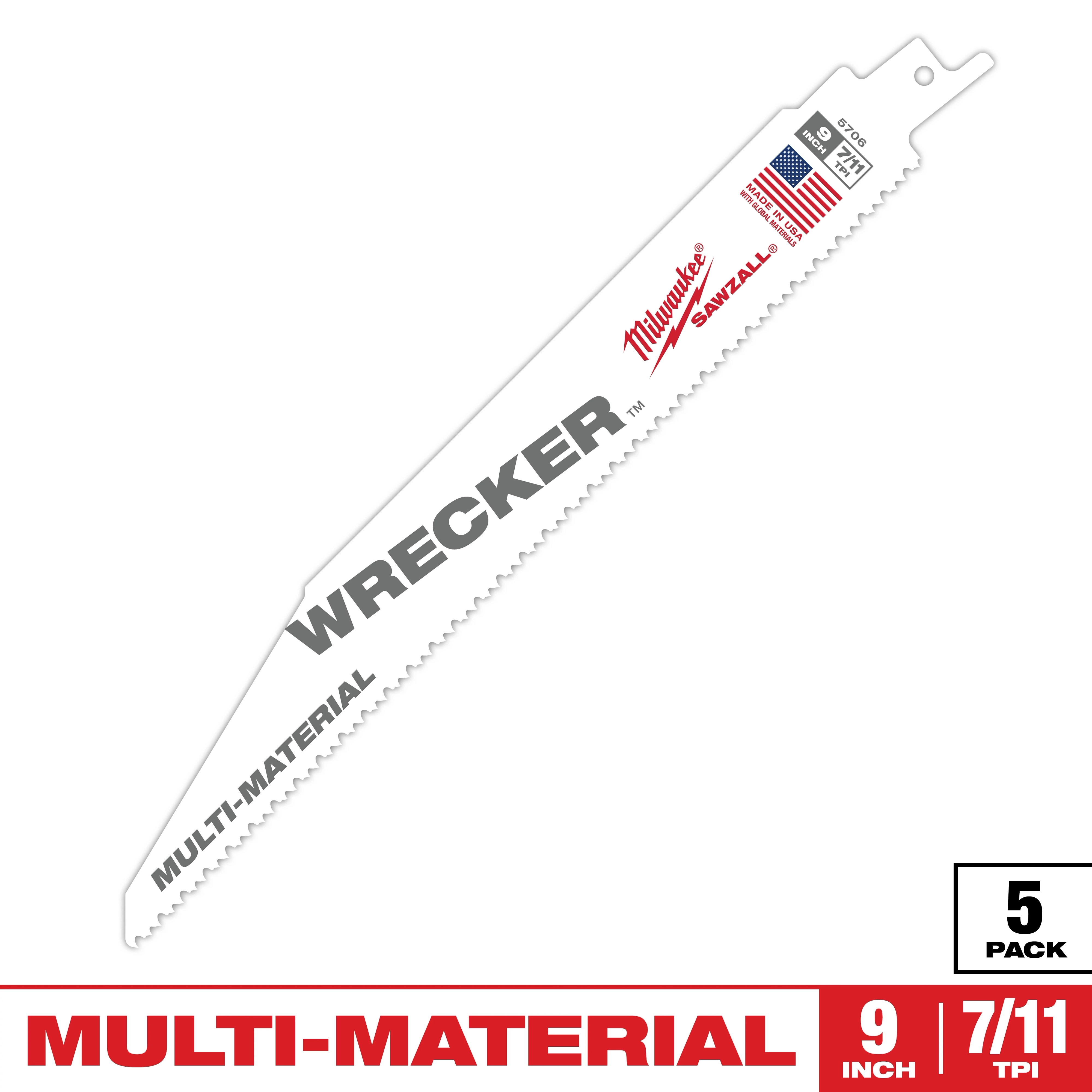 Sawzall Bi-Metal Carbide Primary Images depicts a Milwaukee Wrecker multi-material reciprocating saw blade. The white 9-inch blade features "MULTI-MATERIAL," "WRECKER," and "Sawzall" branding, alongside a USA flag sticker. The bottom section indicates the 7/11 TPI blade, packed in a set of five.