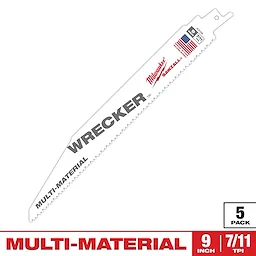 Sawzall Bi-Metal Carbide Primary Images depicts a Milwaukee Wrecker multi-material reciprocating saw blade. The white 9-inch blade features "MULTI-MATERIAL," "WRECKER," and "Sawzall" branding, alongside a USA flag sticker. The bottom section indicates the 7/11 TPI blade, packed in a set of five.