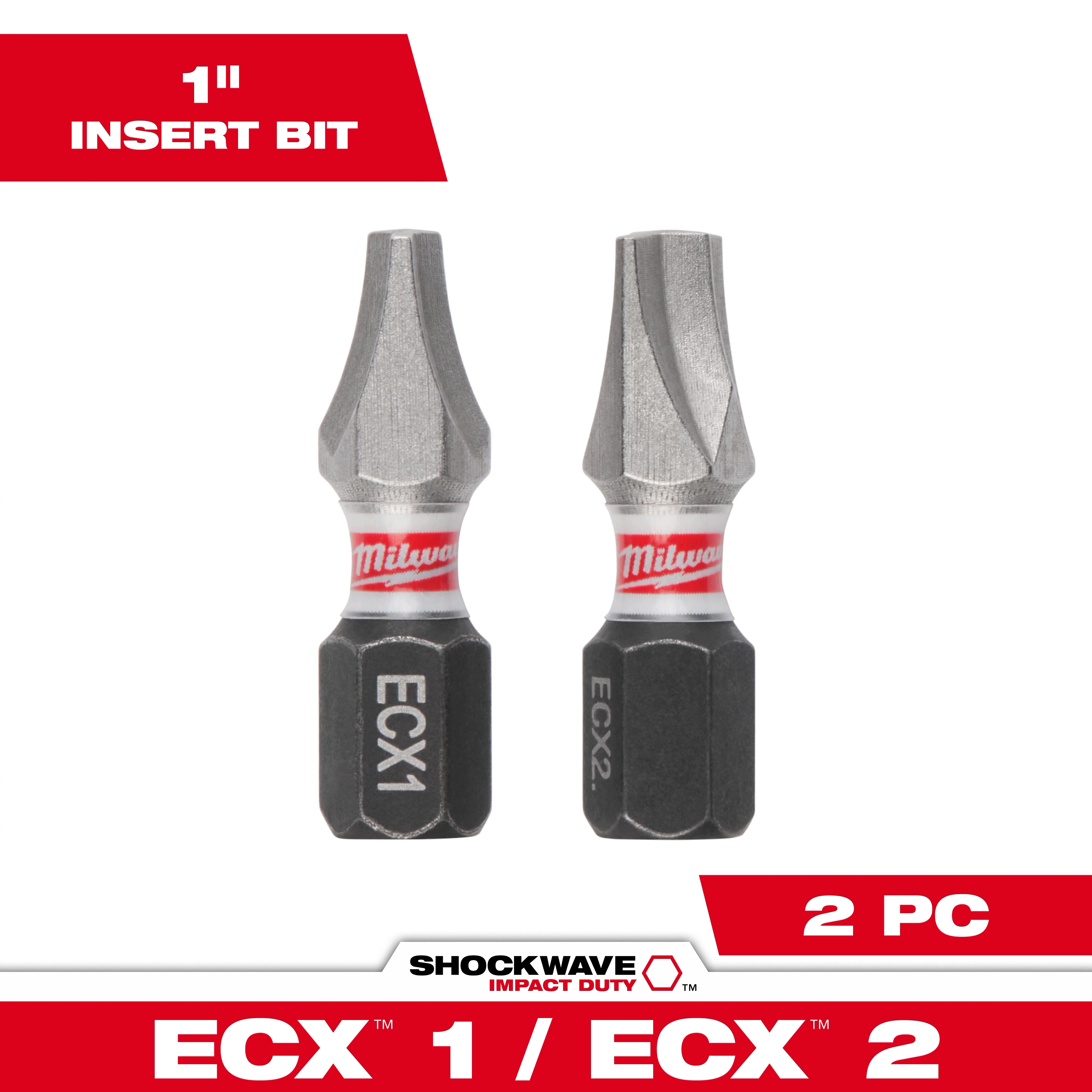 This is an image of the SHOCKWAVE™ 1" 2PC Impact Duty ECX Combo Kit by Milwaukee. It features two metal insert bits, labeled ECX1 and ECX2, with a red and white band near the top. Package indicates the bits are 1 inch long.