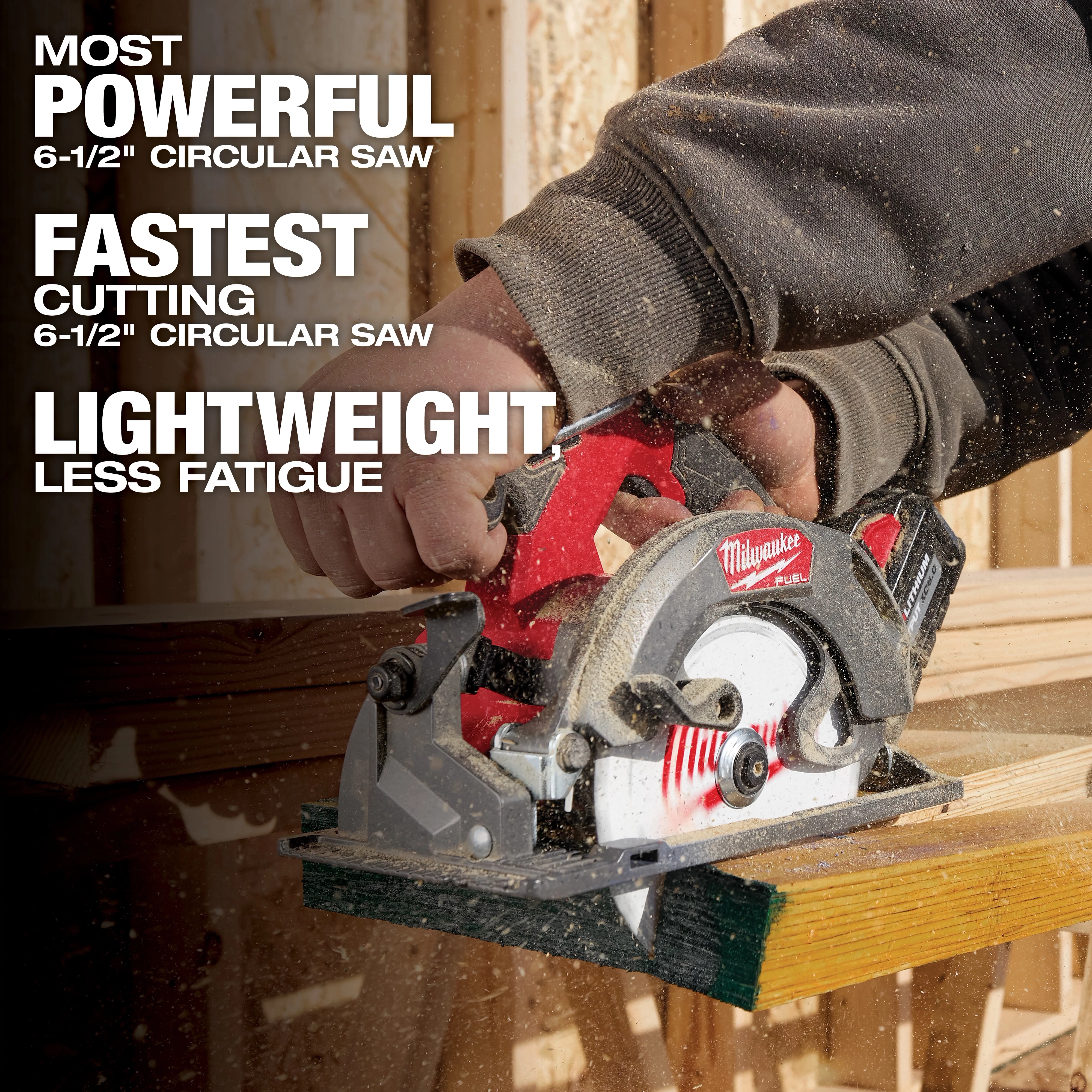 The M18 FUEL™ 5-Tool Combo Kit features a user operating a circular saw with text highlighting its powerful, fast cutting, and lightweight design. The user is cutting through a wooden plank.