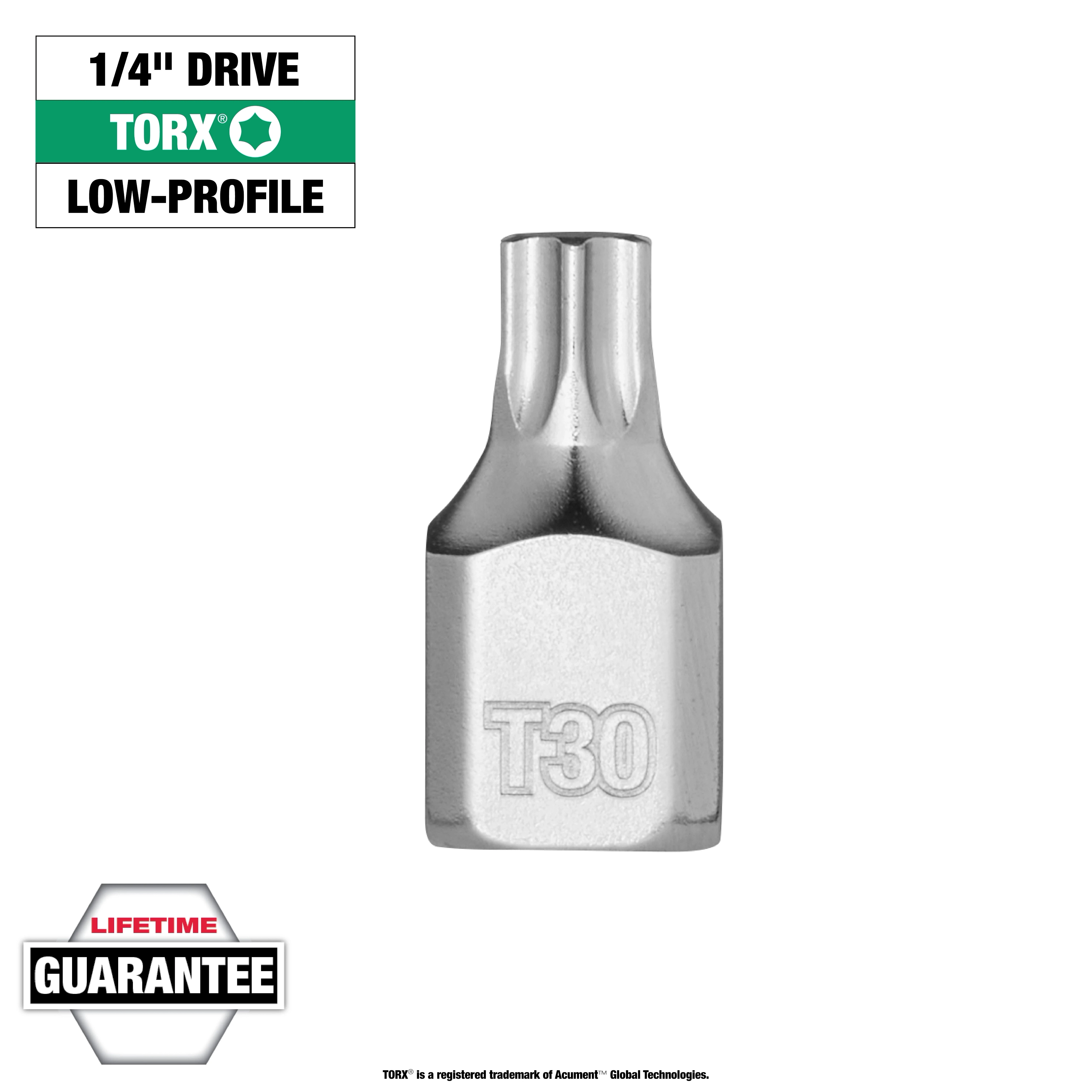 1/4" Drive T30 Low-Profile TORX Bit Socket, chrome finish, with "T30" engraved on a hexagonal socket. Lifetime guarantee included.