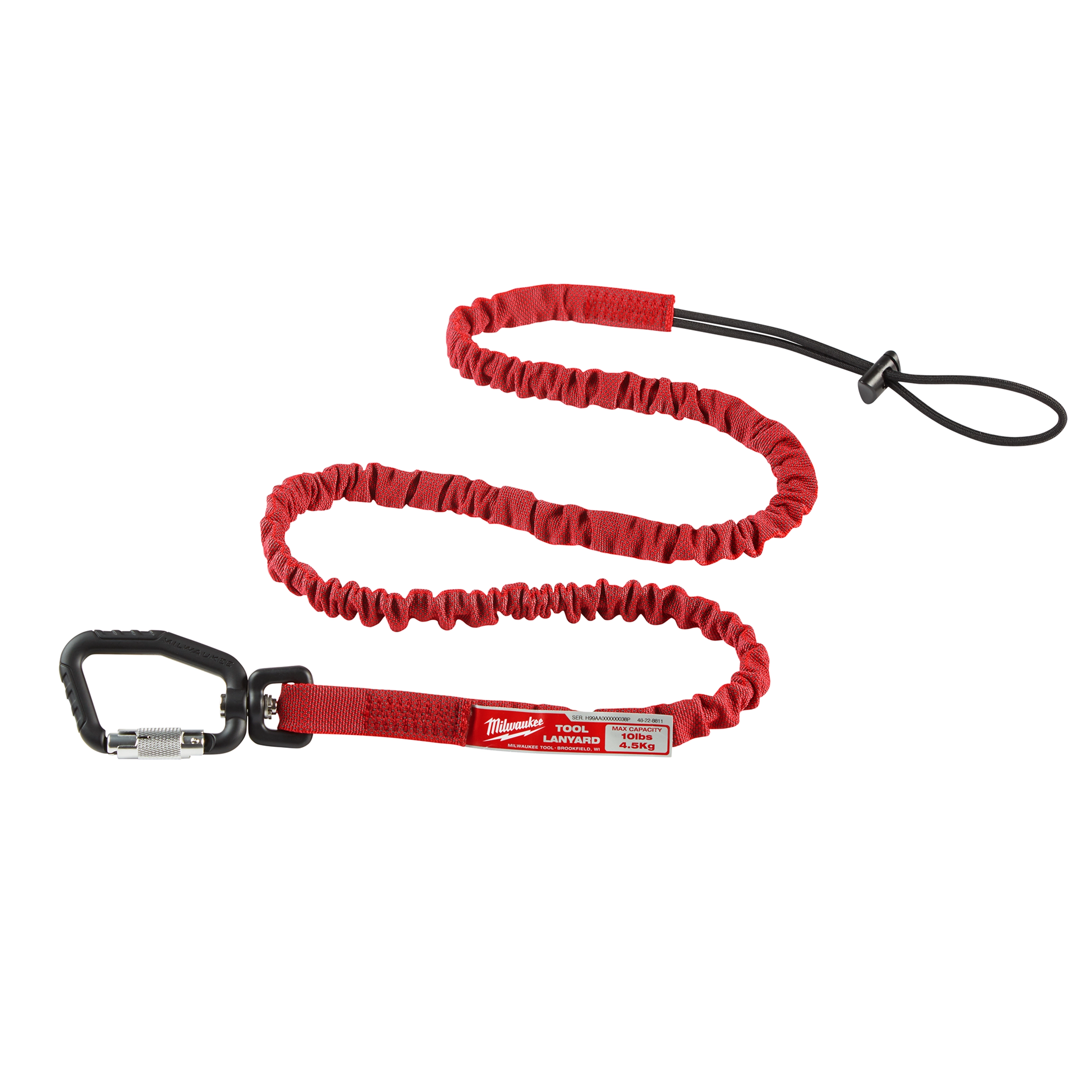 Red 10%20LB%20Extended%20Reach%20Locking%20Tool%20Lanyard with a carabiner clip on one end and a loop on the other end.