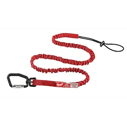 Red 10%20LB%20Extended%20Reach%20Locking%20Tool%20Lanyard with a carabiner clip on one end and a loop on the other end.