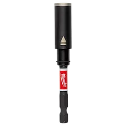 The image shows a SHOCKWAVE™ Impact Duty 3 in. Screw-Holding Bit Holder by Milwaukee. It has a black top, a red Milwaukee logo in the middle, and a hexagonal black base.