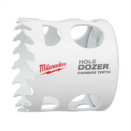 Milwaukee Hole Dozer Carbide Teeth 2-1/4" hole saw with white body and carbide-tipped teeth. Branding visible on the side.