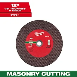 12" x 1/8" x 1" Masonry Cut Off Wheel - Type 1, featuring a red center label, designed for masonry cutting with a 1" arbor.
