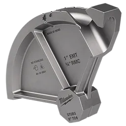 The image shows a Milwaukee conduit bender head for 1" EMT and 3/4" RMC tubing. It has markings for "Back of Bend" and "Stubs 8" to Arrow." The number 49-16-0001 and "NO STAINLESS" are etched on it.
