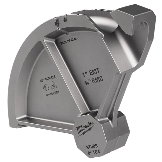 The image shows a Milwaukee conduit bender head for 1" EMT and 3/4" RMC tubing. It has markings for "Back of Bend" and "Stubs 8" to Arrow." The number 49-16-0001 and "NO STAINLESS" are etched on it.