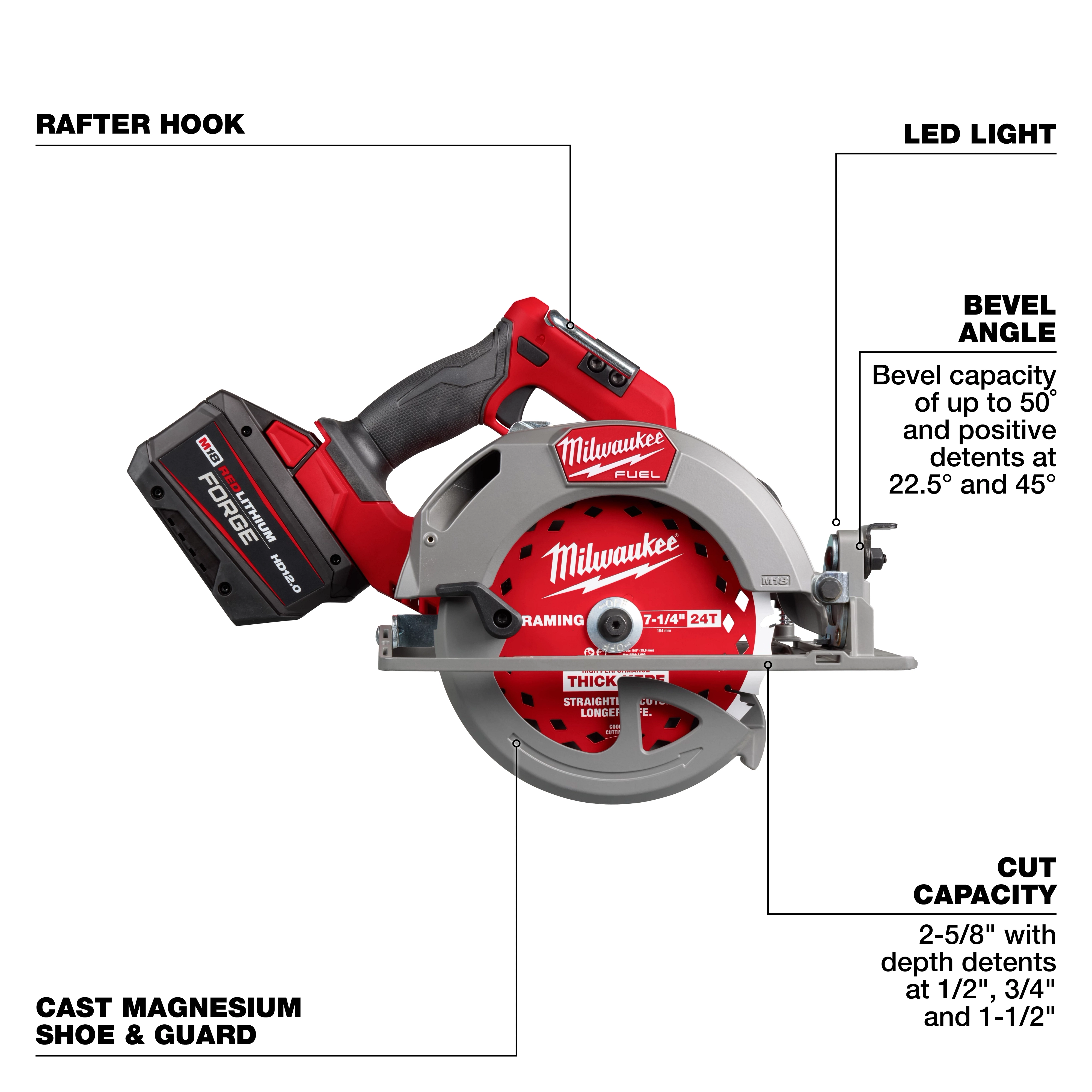 The M18 FUEL™ 7-1/4” Circular Saw features a red and black design, a cast magnesium shoe and guard, LED light, and a rafter hook. It offers a bevel angle range up to 50° with detents at 22.5° and 45°, and a cut capacity of 2-5/8” with multiple depth detents.