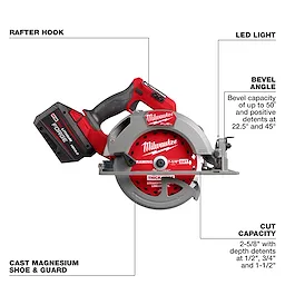 The M18 FUEL™ 7-1/4” Circular Saw features a red and black design, a cast magnesium shoe and guard, LED light, and a rafter hook. It offers a bevel angle range up to 50° with detents at 22.5° and 45°, and a cut capacity of 2-5/8” with multiple depth detents.