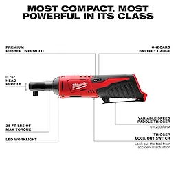 The M12 Cordless LITHIUM-ION 4-Tool Combo Kit is shown with key features labeled: premium rubber overmold, onboard battery gauge, 0.75" head profile, 35 ft-lbs of max torque, LED worklight, variable speed paddle trigger (0-250 RPM), and trigger lockout switch for safety.