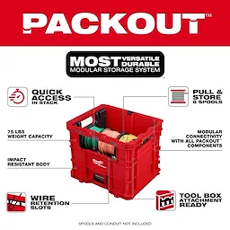 PACKOUT Wire Pulling XL Crate, a red storage crate holding multiple wire spools and tools.