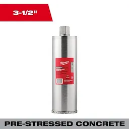 3-1/2" Pre-Stressed Diamond Wet Core Bit Primary, a cylindrical metal tool with a red label, used for concrete drilling.
