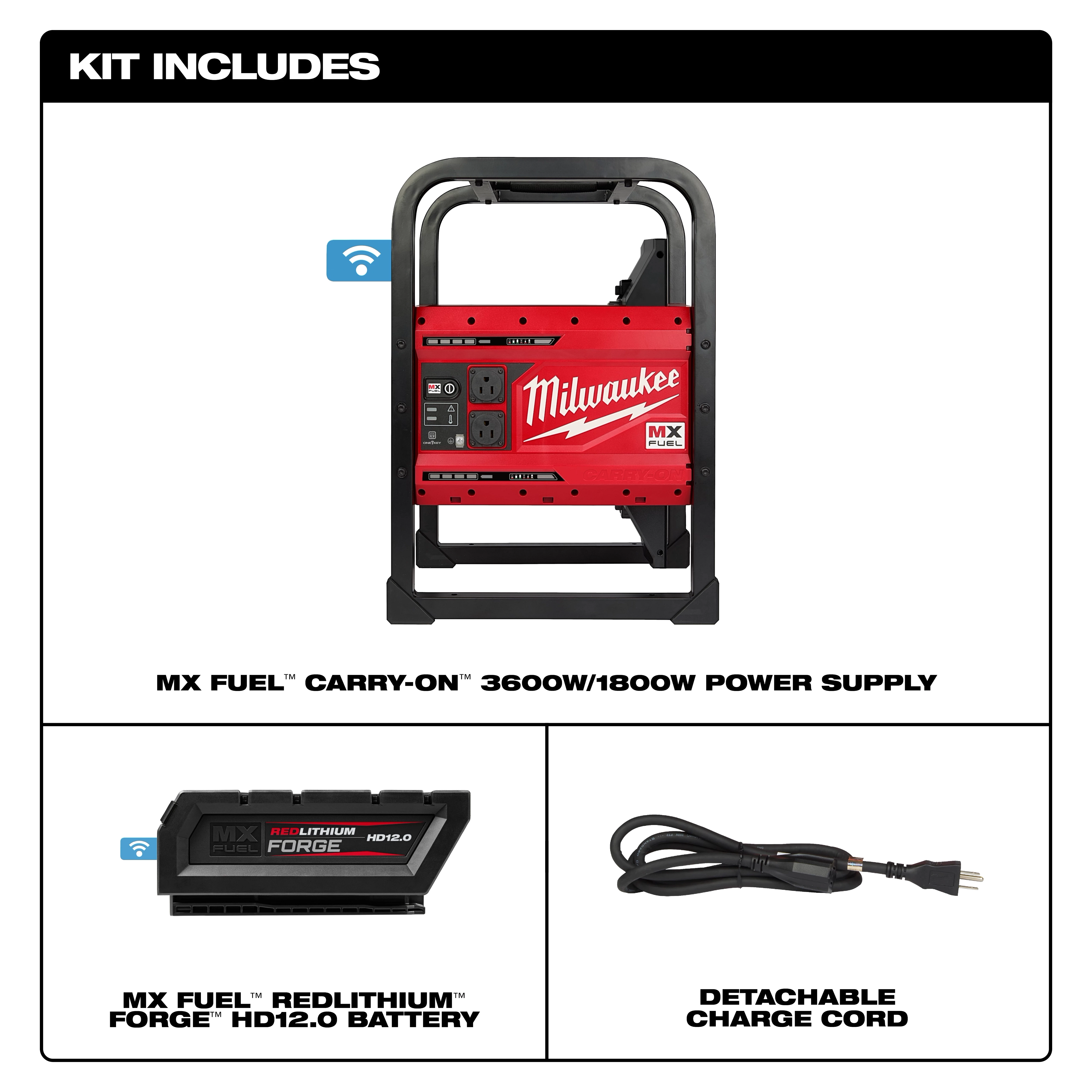 MX FUEL™ CARRY-ON™ 3600W/1800W Power Supply Kit includes a red power supply unit, an MX FUEL™ REDLITHIUM™ FORGE™ HD12.0 battery, and a detachable charge cord. Kit is suitable for portable power needs and offers efficient battery-operated support for various tools.
