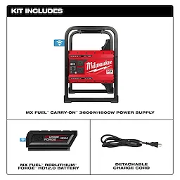 MX FUEL™ CARRY-ON™ 3600W/1800W Power Supply Kit includes a red power supply unit, an MX FUEL™ REDLITHIUM™ FORGE™ HD12.0 battery, and a detachable charge cord. Kit is suitable for portable power needs and offers efficient battery-operated support for various tools.