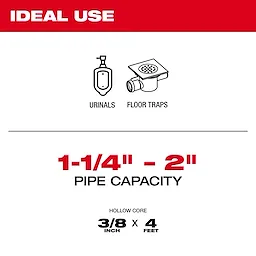 Milwaukee drain cleaning equipment is ideal for urinals and floor traps. It handles pipes with capacities of 1-1/4" to 2". The hollow core cable specifications are 3/8 inch by 4 feet.