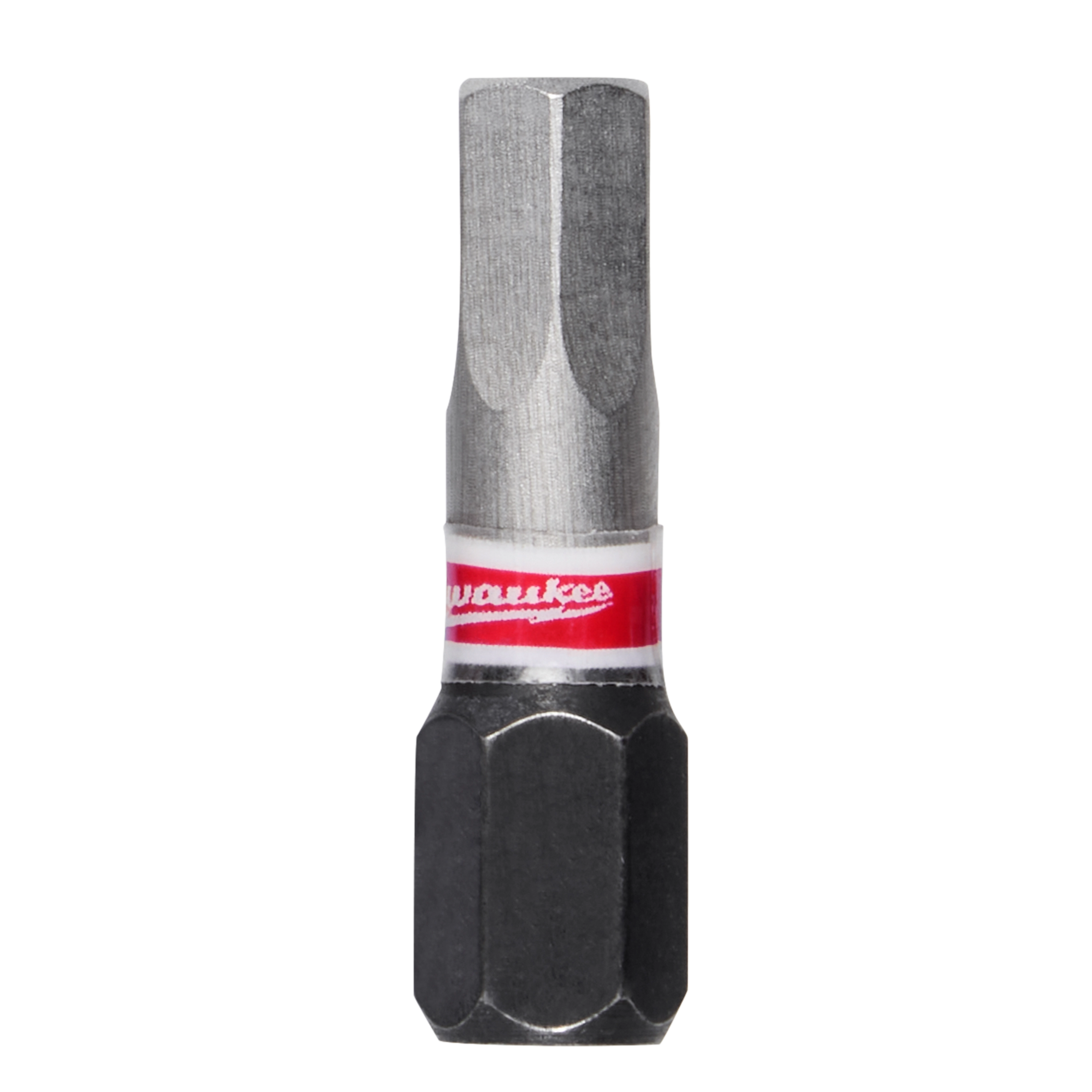 This image shows a SHOCKWAVE™ 1" Impact Duty Hex 5 MM Insert Bit, part of the Bulk 25 set. The bit features a hexagonal design with a black and metallic finish, and a red band marked with "Milwaukee".