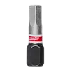 This image shows a SHOCKWAVE™ 1" Impact Duty Hex 5 MM Insert Bit, part of the Bulk 25 set. The bit features a hexagonal design with a black and metallic finish, and a red band marked with "Milwaukee".