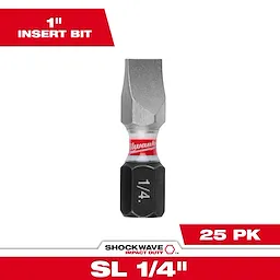 This image shows a SHOCKWAVE™ 1" Insert Bit SLOTTED 1/4" Bulk 25 pack. The bit has a slotted tip, a hexagonal base marked "1/4," and a red band with the word "Milwaukee." "1" Insert Bit" and "25 PK" are indicated in red at the top and bottom corners.