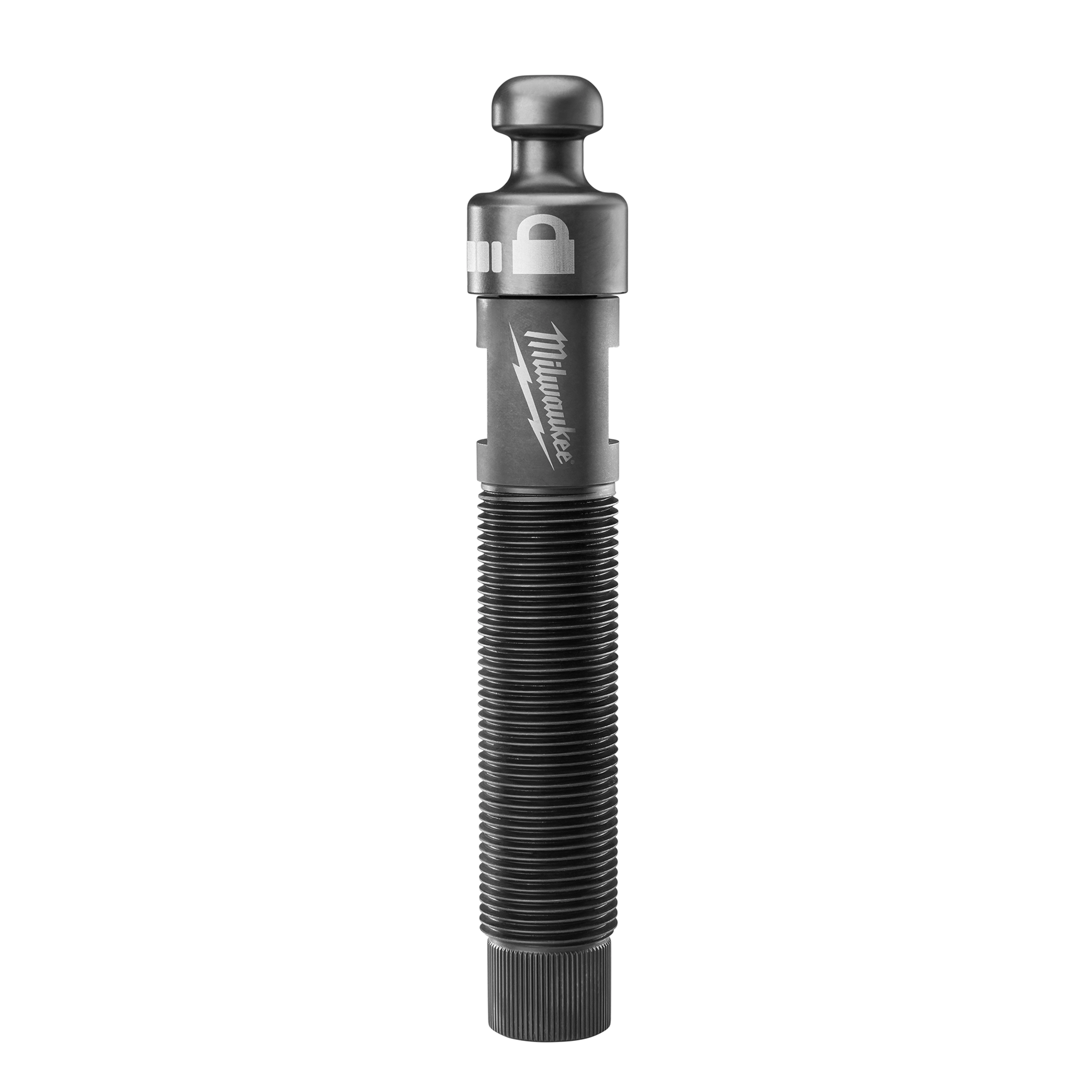 The EXACT™ Rapid Reset 1-1/8" Long Draw Stud Set appears as a cylindrical, metal tool with a threaded section and a smooth, rounded top. The brand name "Milwaukee" is visible on its side.
