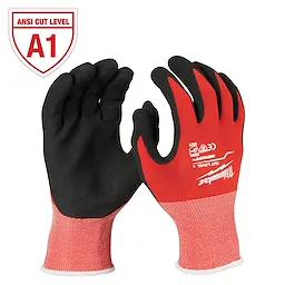 Red Nitrile Level 1 Cut Resistant Dipped Work Gloves with black palms and fingers, featuring an ANSI Cut Level A1 label.