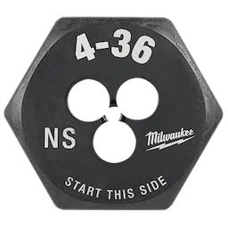 Milwaukee 4-36 NS 1-Inch Hex Die with three central cutting holes and "Start This Side" instruction text at the bottom.