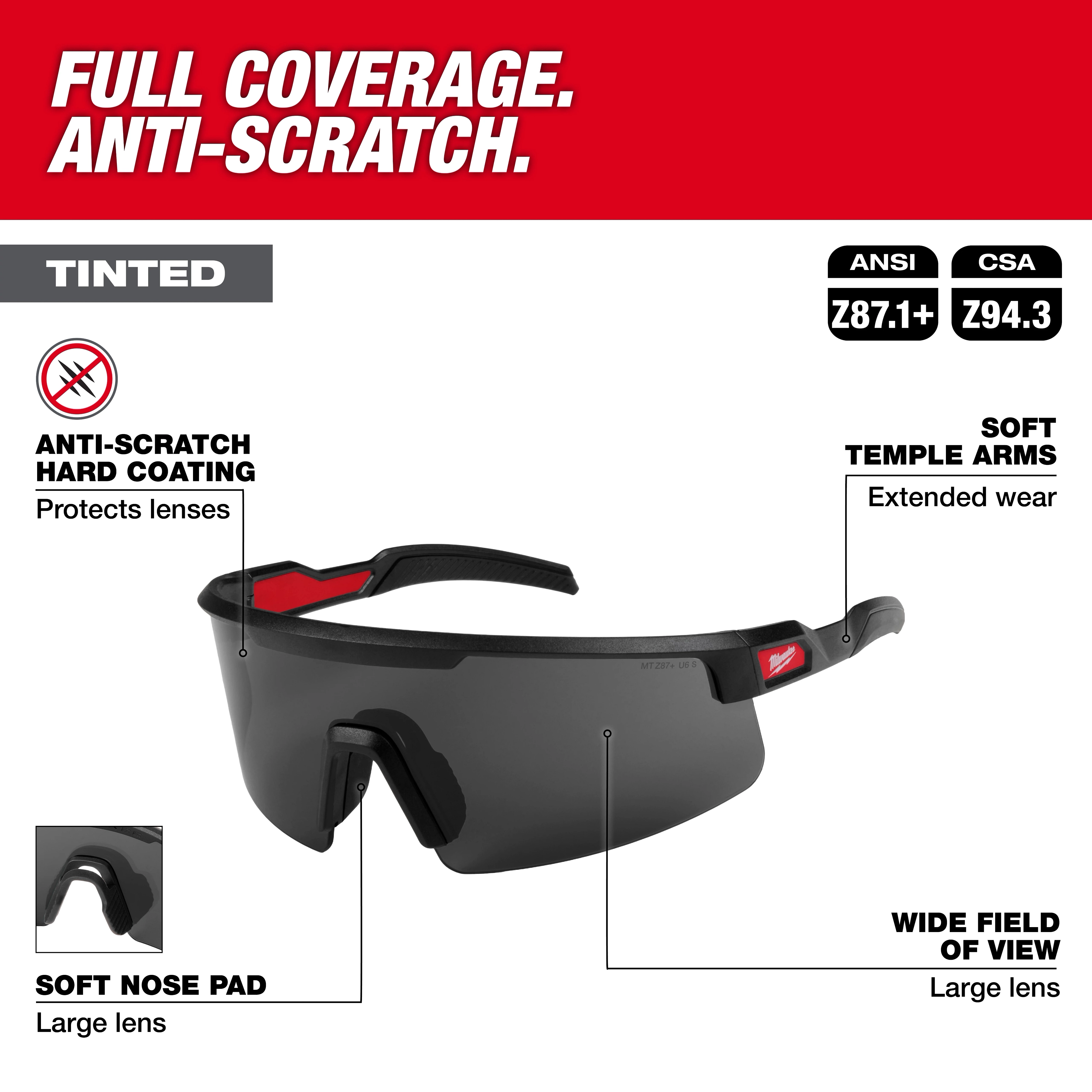 Wrap Around Safety Glasses with tinted, anti-scratch lenses. Features include a soft nose pad, soft temple arms, and a wide field of view.