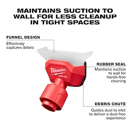 AIR-TIP Compact Dust Collector with funnel design, rubber seal for wall suction, and debris chute. Enhances cleanup in tight spaces.