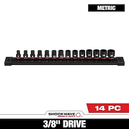 SHOCKWAVE 3/8 in. Drive Metric 6 Point Impact Socket Set (14-Piece) includes sockets ranging from size 7 to 21 arranged in a row on a black holder. Appears to be designed for heavy-duty impact applications. Product branding and specifications displayed below the sockets.