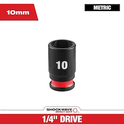 SHOCKWAVE Impact Duty 1/4" Drive 10MM Standard 6 Point Socket standing upright with a visible "10" marking.