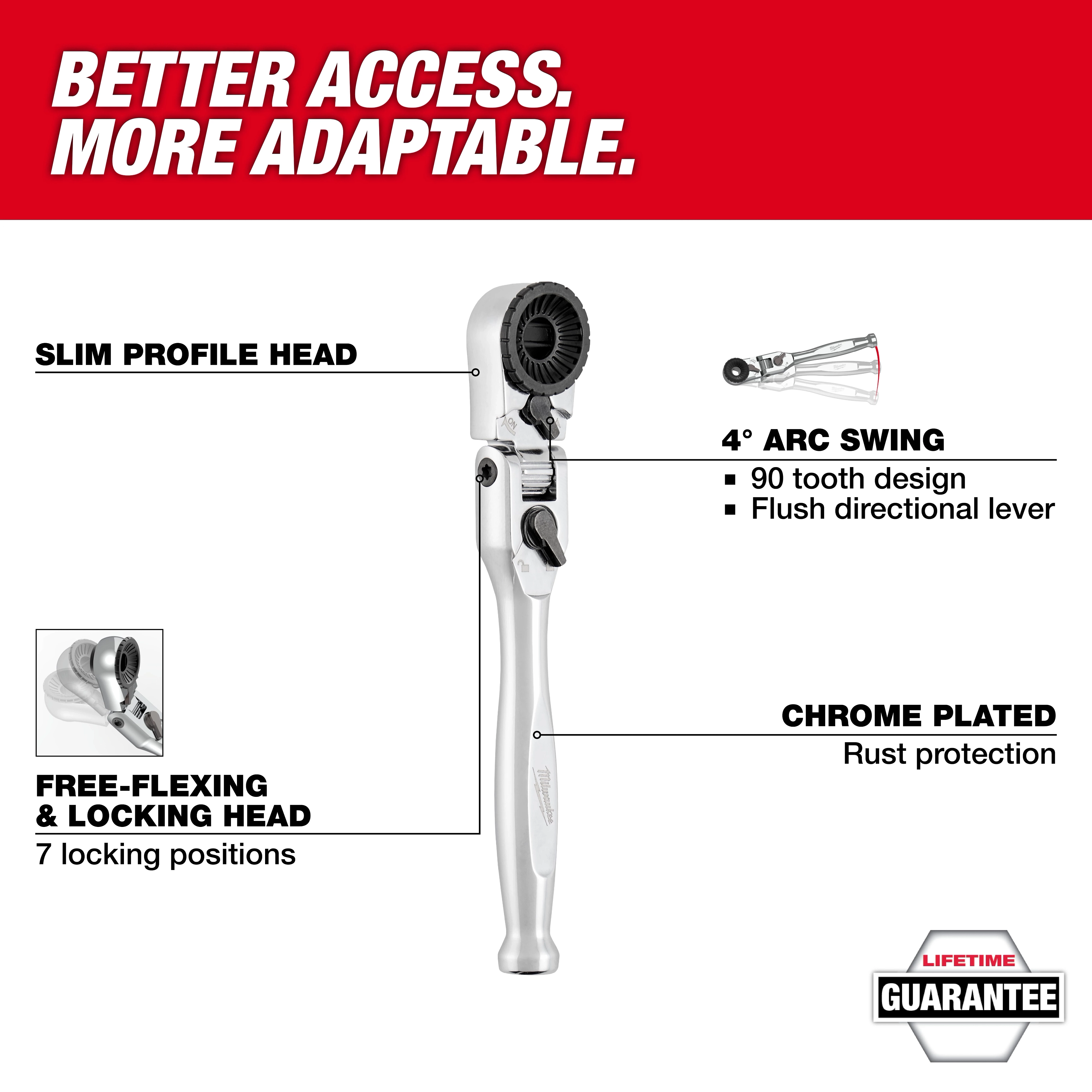 1/4” Hex Drive Mini Flex Head Bit Ratchet with slim profile flex head and chrome plated handle on white and red background.
