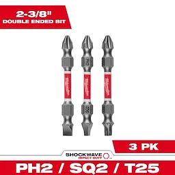 The image shows three SHOCKWAVE™ Impact Duty PH2/SQ2/T25 Double Ended Bits, each 2-3/8 inches long. The bits have a red and silver color scheme and are designed for high-impact use. The packaging indicates a 3-pack.