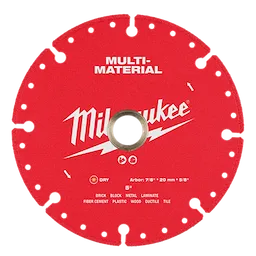 This is a red, circular Milwaukee multi-material cutting blade with a central hole. It is 5 inches in diameter, designed for dry cutting, and can cut materials like brick, block, metal, laminate, fiber cement, plastic, wood, ductile iron, and tile.