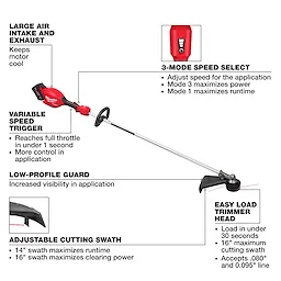 M18 FUEL 16" String Trimmer Kit features a large air intake, variable speed trigger, low-profile guard, adjustable cutting swath, easy load trimmer head, and 3-mode speed select.