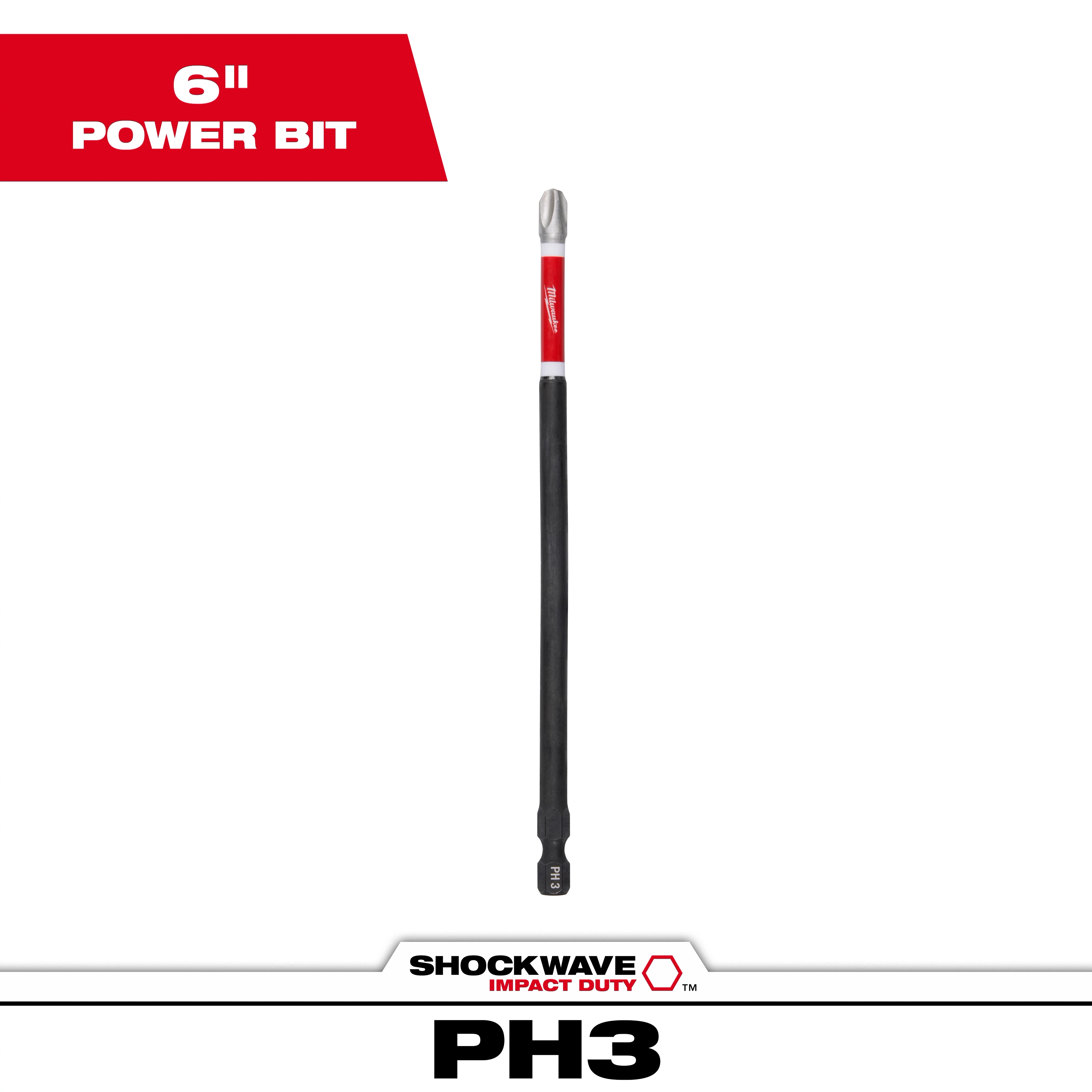Packaging for SHOCKWAVE™ 6" Impact Phillips #3 Power Bit with the bit prominently displayed against a white background. The top label shows "6" Power Bit" in white text on a red background, and the bottom label reads "PH3" with SHOCKWAVE branding below.