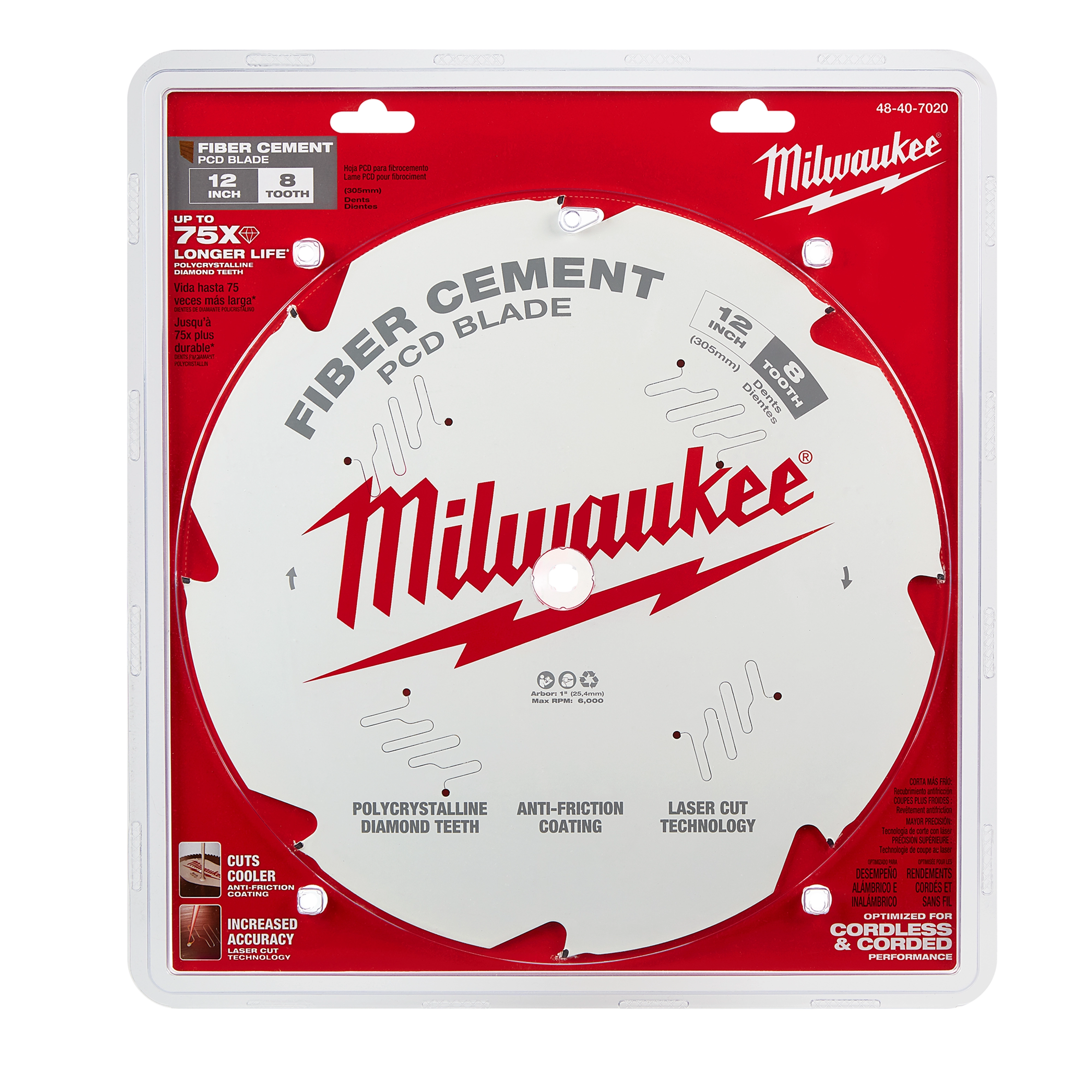 Milwaukee 12" PCD Fiber Cement Circular Saw Blade with polycrystalline diamond teeth, anti-friction coating, and laser cut technology.