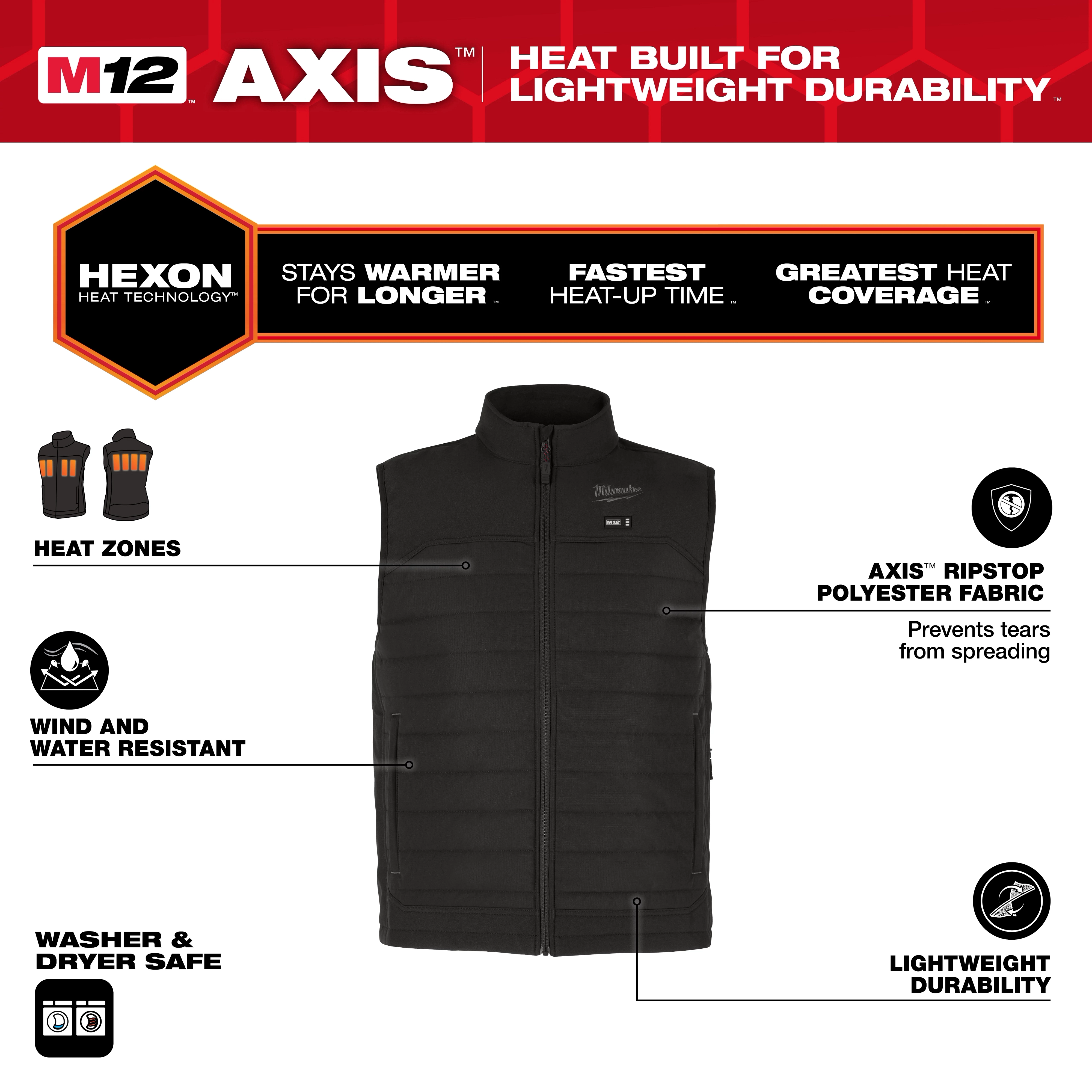 M12 Heated AXIS Jacket in black, featuring HEXON heat technology, multiple heat zones, wind and water resistance, and AXIS ripstop polyester fabric.