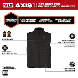 M12 Heated AXIS Jacket in black, featuring HEXON heat technology, multiple heat zones, wind and water resistance, and AXIS ripstop polyester fabric.