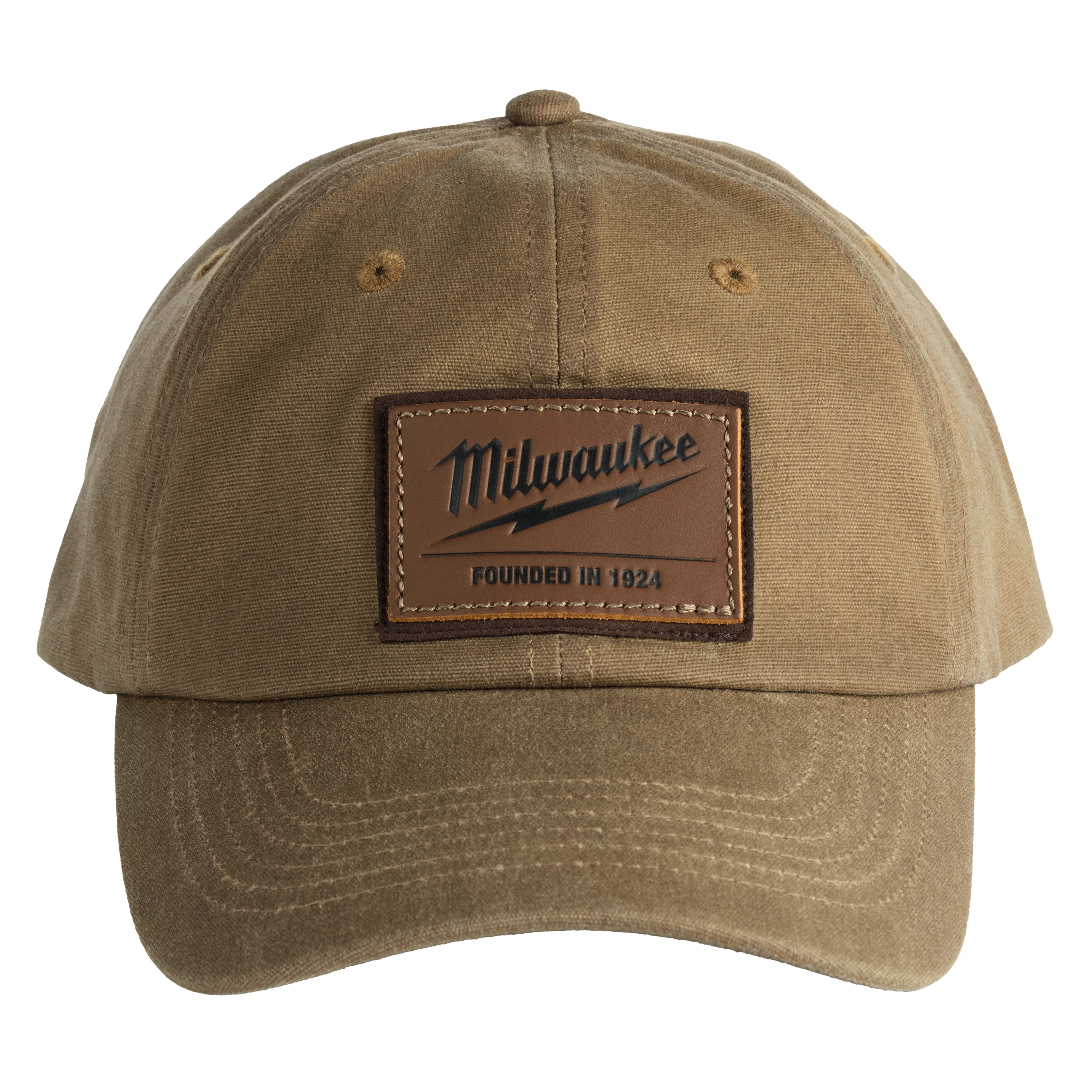 Waxed Canvas Adjustable Hat in light brown with a stitched leather patch featuring "Milwaukee Founded in 1924" on the front.