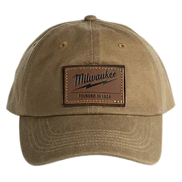 Waxed Canvas Adjustable Hat in light brown with a stitched leather patch featuring "Milwaukee Founded in 1924" on the front.