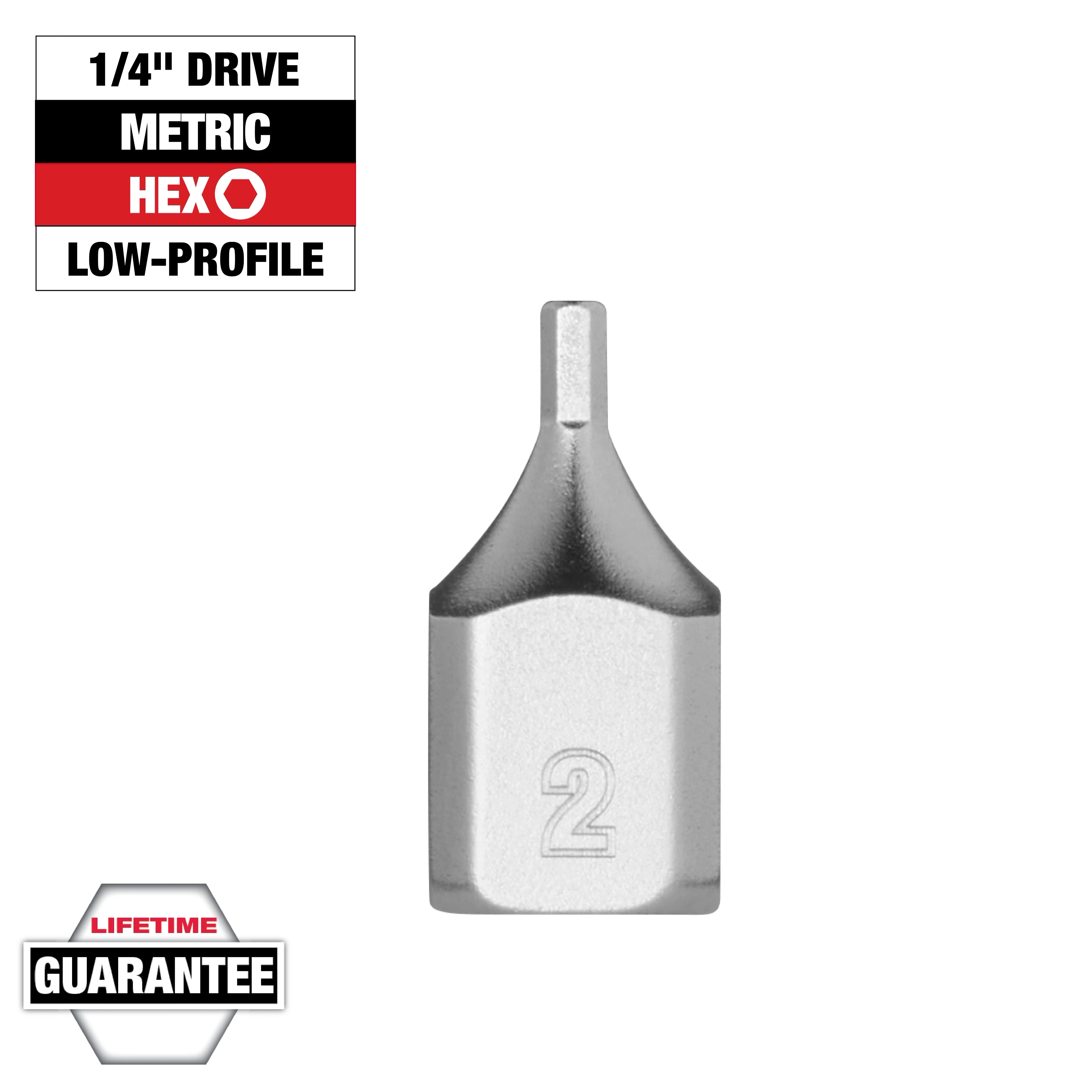 1/4" Drive 2mm Low-Profile Hex Bit Socket with a silver finish and the number "2" engraved. Includes lifetime guarantee label.